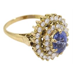 14ct gold oval sapphire and two row round brilliant cut diamond cluster ring, sapphire approx 0.80 carat