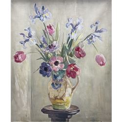 Owen Bowen (Staithes Group 1873-1967): Still Life of Spring Flowers, oil on canvas signed, partial title label verso 60cm x 50cm