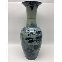 20th century Chinese blue and white floor vase, decorated with birds on pine branches, amongst flowering peonies, upon a ground of stylised mountains, H61cm