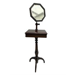Late 19th century Victorian shaving stand, octagonal mirror with bevelled plate and extendable support, on square top with two hinged lid compartments, fluted frieze, turned tapering column raised on tripod base