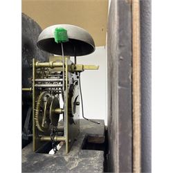 Henry Fisher of Preston (Lancs) -  late 18th century 30-hour oak and mahogany longcase clock c1790, with a flat topped pediment and moulded cornice, square hood door flanked by two plain pillars with brass capitals, trunk with recessed quarter columns, three-quarter length trunk door with an ogee twin spire top and crossbanding, rectangular plinth with canted corners and a narrow applied moulding to the base, circular 13” painted dial with Roman numerals, minute markers and five minute Arabic's, floral decoration to the centre and a semi-circular calendar aperture with date disc behind, original steel serpentine hands, dial inscribed “H Fisher, Preston”, dial pinned directly to a weight driven countwheel striking movement, striking the hours on a cast bell. With pendulum and weight.
Henry Fisher is recorded as working in Preston from 1742-95.
