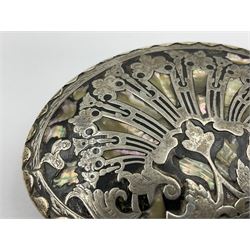 18th century silver plated oval snuff box with tortoiseshell lid inlaid with silver and mother of pearl 