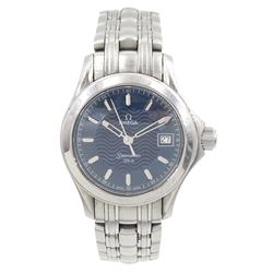 Omega Seamaster ladies stainless steel quartz wristwatch. Ref. 2581.81, blue wave dial, with baton hour markers and date aperture, on original stainless steel bracelet, with fold-over clasp, boxed with international warranty card dated 1999