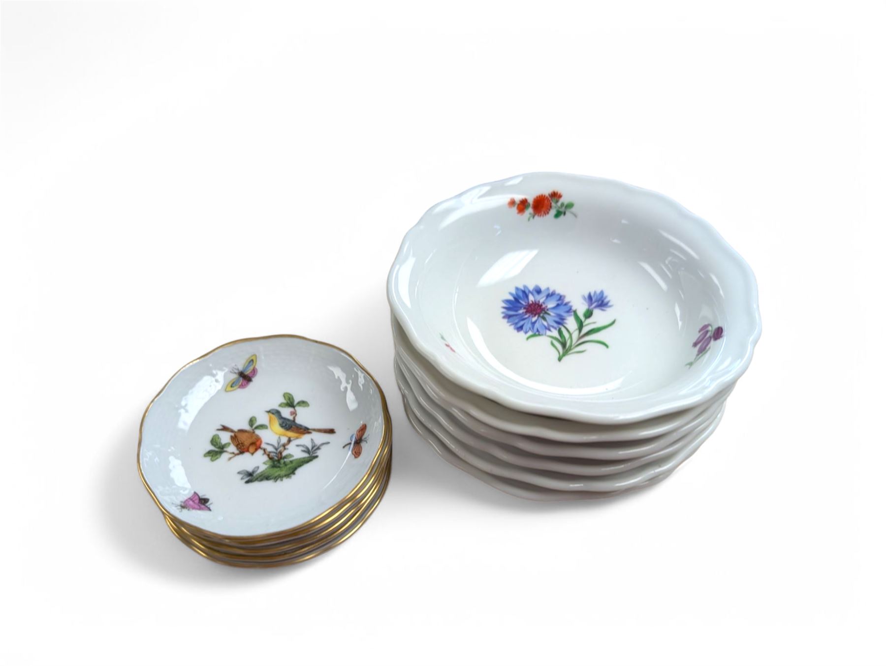 Set of six 20th century small Meissen bowls, each with floral decoration, together with five Herend pin dishes, each decorated with birds