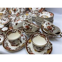 Masons Brown Velvet pattern tea and dinner wears, to include eight dinner plates, eight twin handled soup bowls and saucers, eight tea cups and saucers, cheese cover and plate, jug, meat platter etc (84)  