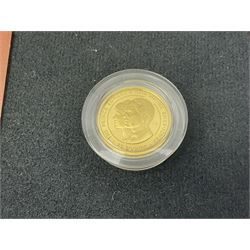 Single owner lifetime collection of mostly commemorative modern World coins with gold, silver and base metal examples, including two Queen Elizabeth II Bailiwick of Guernsey twenty-five pound gold coins 'The 1999 Royal Wedding' and '100th Anniversary of the End of the Victorian Era' 2001 each in 24 carat gold weighing 7.81 grams with certificates, silver coins commemorating the Millennium 2000 including Guyana sterling silver proof two-thousand dollars, Fiji sterling silver proof five dollars etc, silver coins from the Queen Elizabeth II Golden Jubilee Collection dated either 2002 or 2003 from Great Britain and the Commonwealth countries, United Kingdom commemorative crowns in card folders, The Royal Mint United Kingdom 1997 proof coin set in red folder without certificate etc