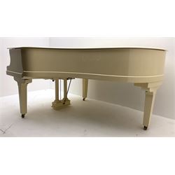 Julius Bluthner of Leipzig, Germany - Boudoir Grand Piano in cream lacquered finish with an open lattice music desk, original patent Bluthner action, recently restored and re-strung with new tuning pins, hammer heads and damper felts, re-sprayed iron frame  and re-furbished wooden soundboard with manufacturers decal and traditional 