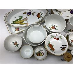 Royal Worcester Evesham pattern dinner wares, to include lidded tureens, eight dinner plates, serving tray, ramekins, jug, seven bowls, egg cups, serving dishes etc, approx 47 pcs, all with printed marks beneath
