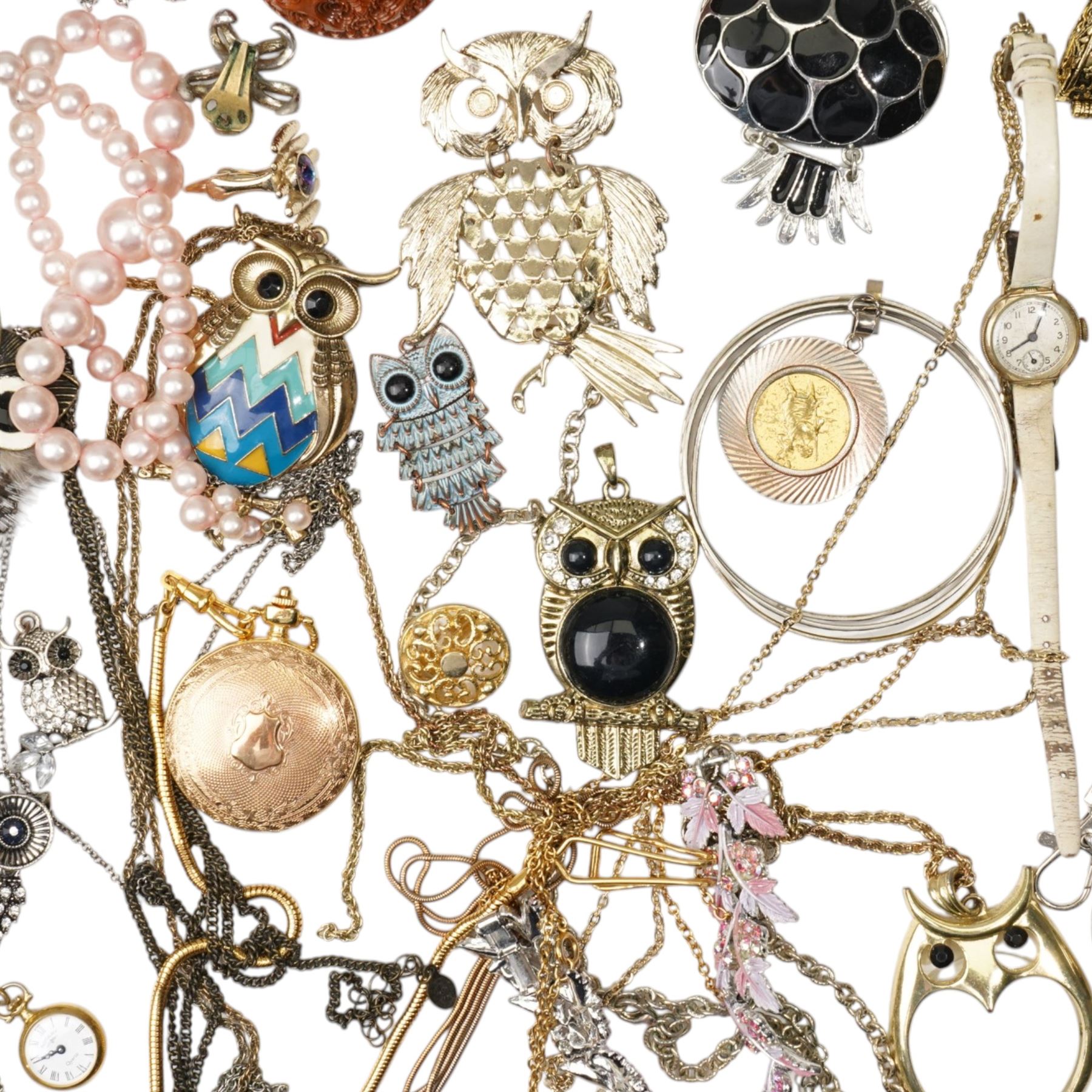 Early 20th century gilt metal swallow necklace, 18ct '13' heart pendant, silver panel bracelet, silver chatelaine hand mirror, Birmingham 1922, Halcyon Days enamel box, ladies Rotary wristwatch, Spendid pendant watch, miniature Japanese Satsuma vase and other costume jewellery 