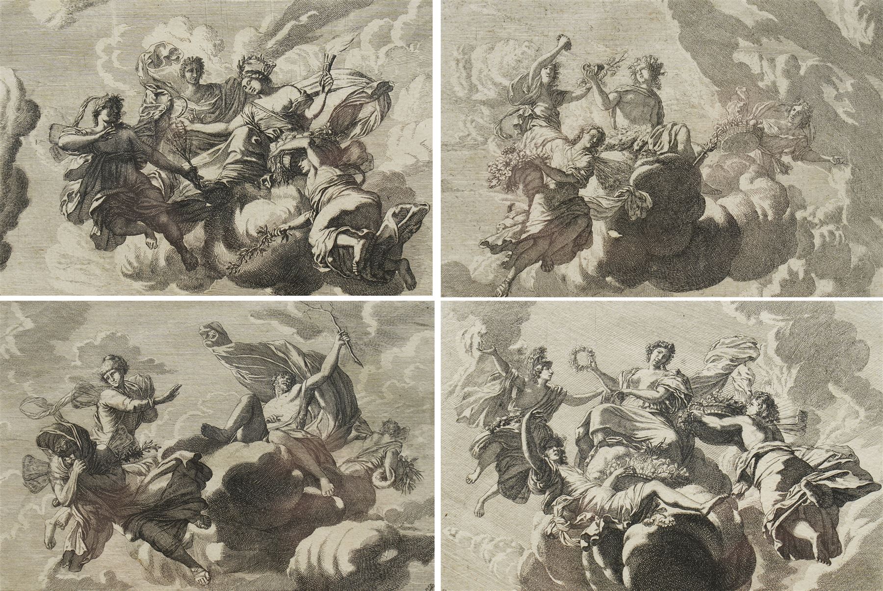 After Gerard de Lairesse (Dutch 1641-1711): The Four Seasons - Ver (Spring) - Aestas (Summer) - Autumnus (Autumn) - Hiems (Winter), set four 17th/18th century engravings pub. c.1700, 15cm x 22cm (4)