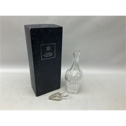 Quantity of glassware to include boxed Stuart Crystal decanter, drinking glasses, jugs, vases, of varying sizes and form, commemorative dish etc, in three boxes
