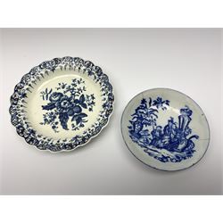 Late 18th century Worcester plate, decorated in the Pine Cone pattern with pierced rim, D17cm, together with a late 18th century Worcester silver shape cream boat, decorated in the Fruit Sprays pattern, L11.5cm, each with blue crescent mark beneath, and an 18th century Caughley saucer, decorated in the Bell Toy pattern, D12.5cm, (3)