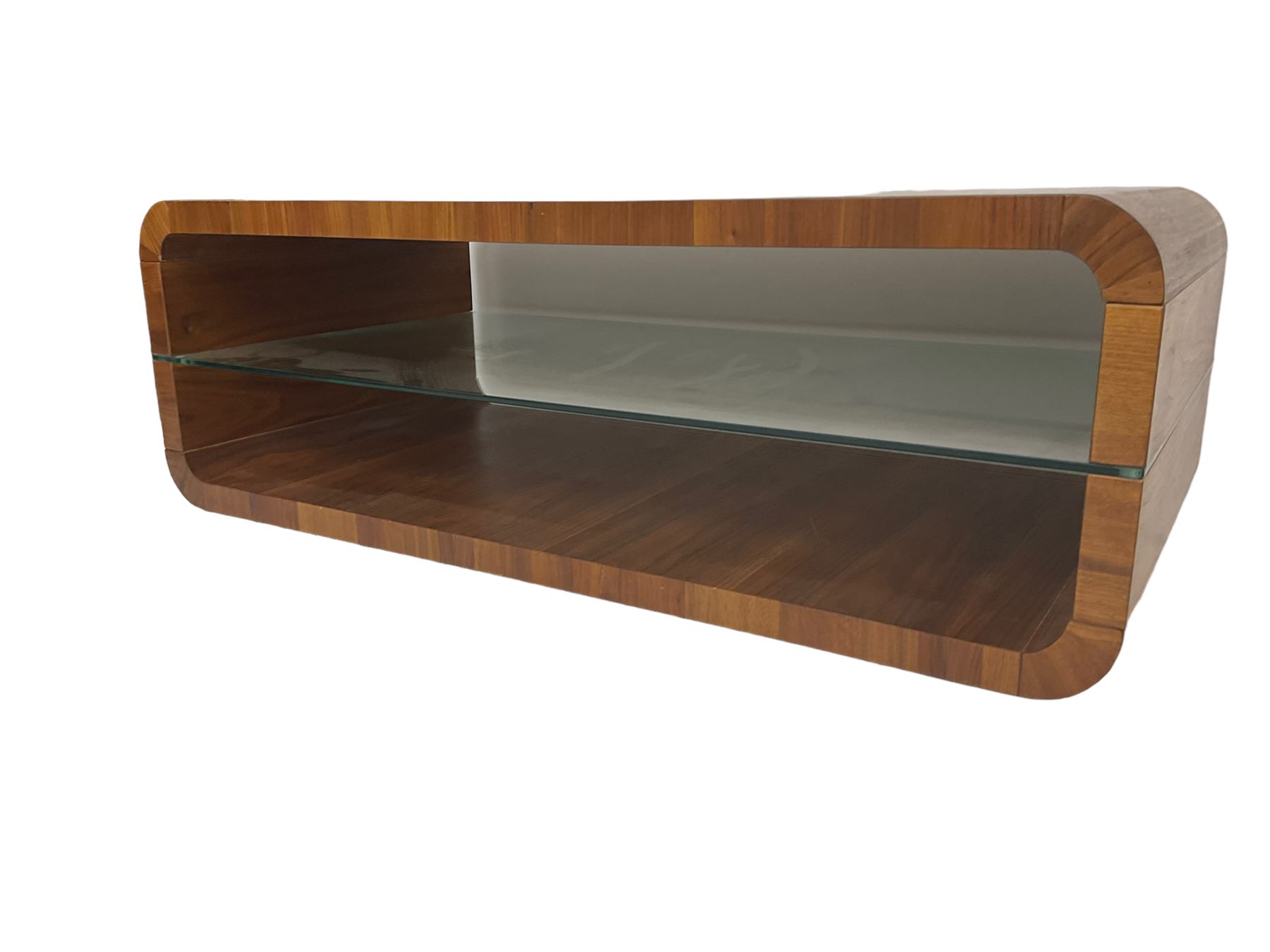 Contemporary walnut coffee table, curved rectangular form, fitted with central glass shelf