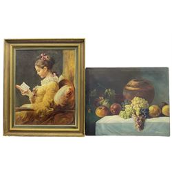 After Jean-Honoré Fragonard: 'A Young Girl Reading', oil on canvas, together with a Continental still life oil on canvas (a/f) (2)
