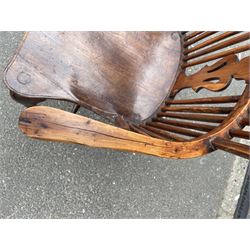 Late 18th century yew wood and elm Windsor armchair, double hoop and stick back with pierced 'Chippendale' type splat, dished saddle seat, on cabriole supports joined by H stretcher