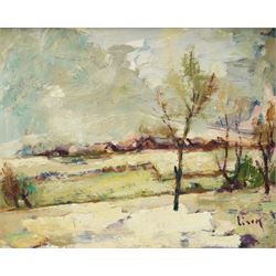 English School (20th Century): Impressionist View of Buildings and Bare Trees, oil on boar...