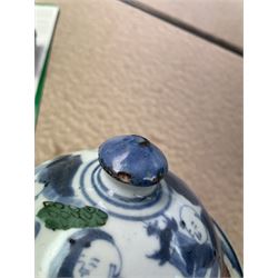 17th century Transitional period Chinese Wucai vase and cover, of baluster form, the body painted with ladies upon a terrace, and figures upon horseback and attendants within a fenced garden, the domed cover with knop finial painted with boys at play, H37cm
