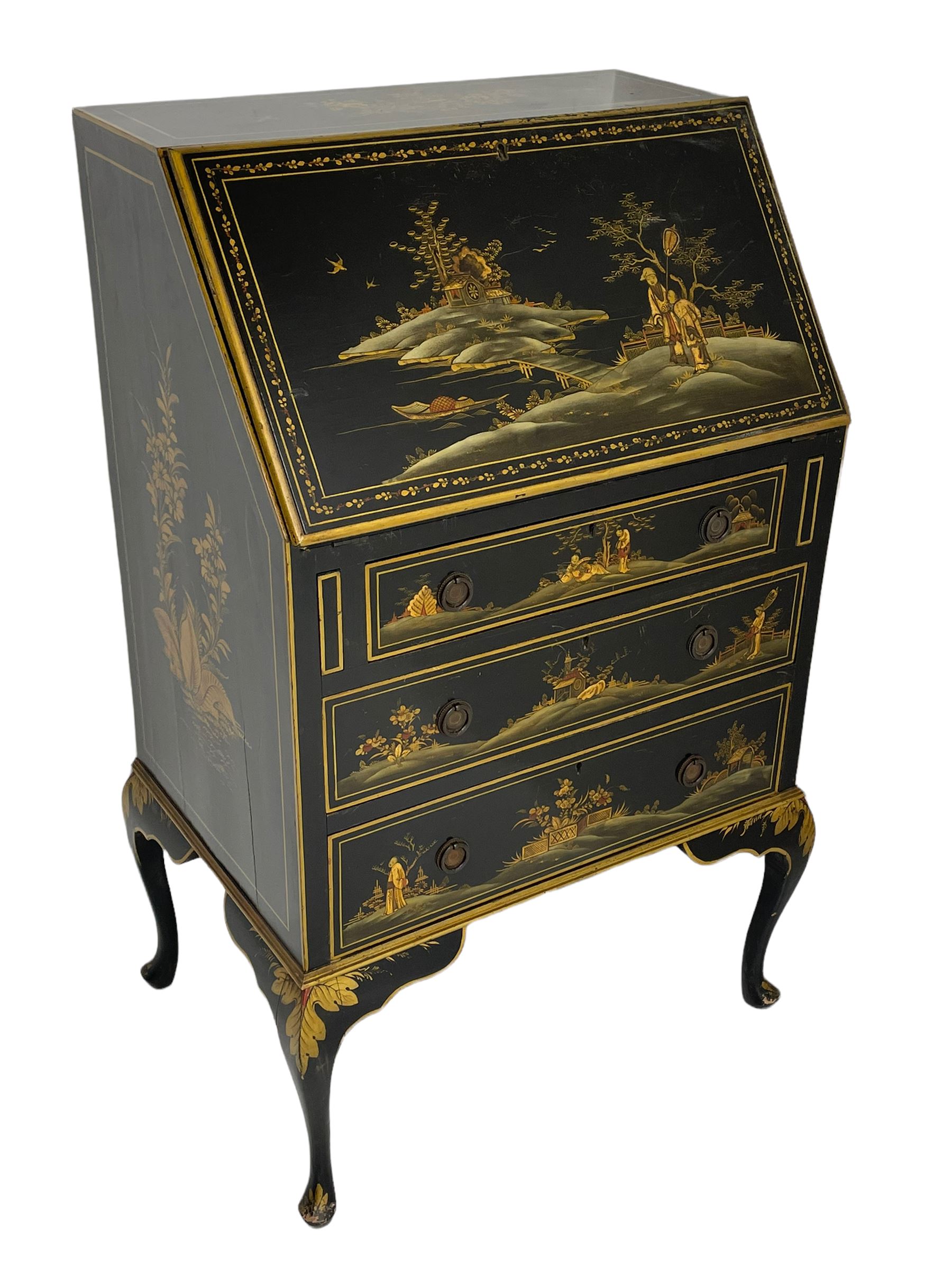 Early 20th century Chinoiserie lacquered bureau, raised gilt decoration, fall front enclosing divisions and drawer, three graduating long drawers, on cabriole supports