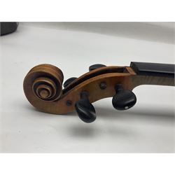 German trade violin c1900 copy of a Maggini with 36.5cm two-piece maple back and ribs and spruce top; double scroll; L60cm overall; in carrying case