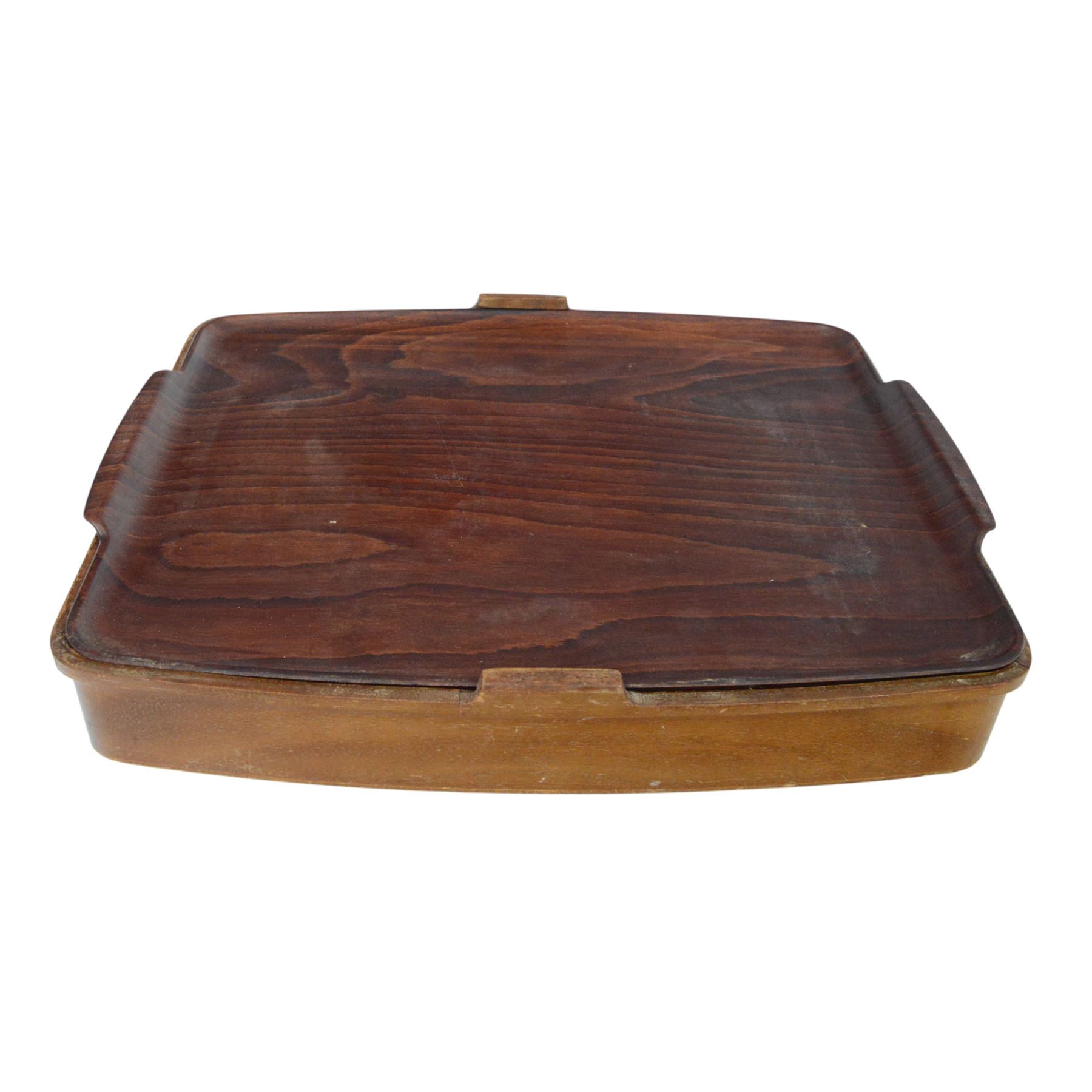 1960's fitted canteen of Sanenwood wooden handled stainless steel cutlery for six covers, including additional fish eaters with slide off tray cover 