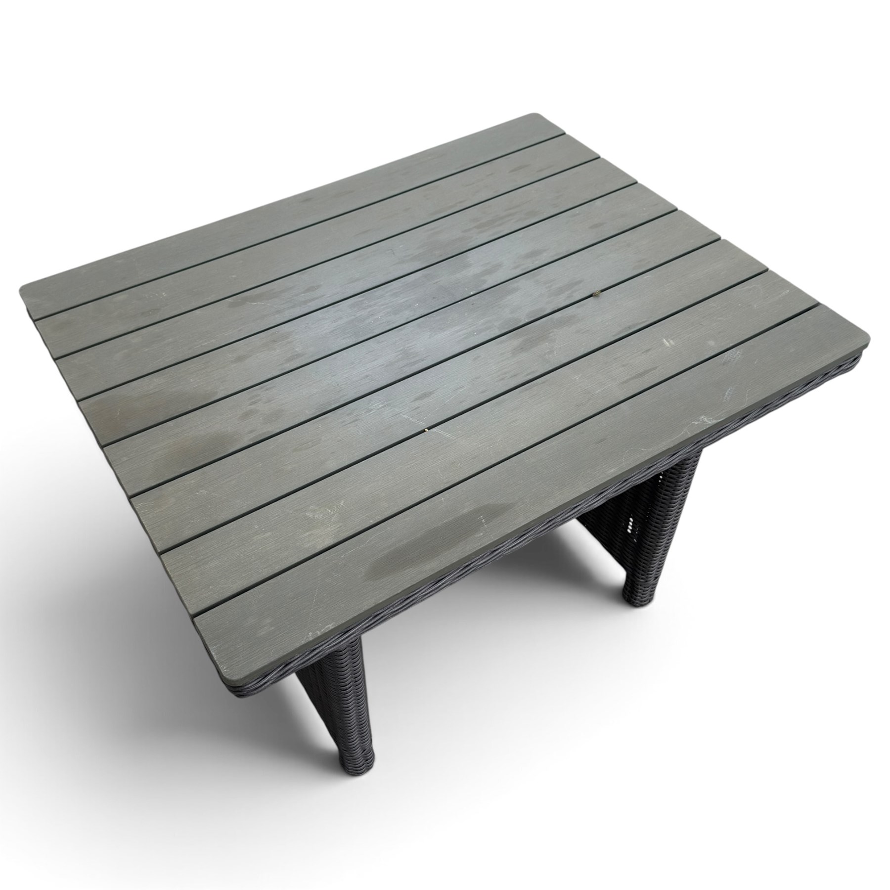 Kettler - Palma rattan garden lounge suite, comprising modular corner sofa (DIM) with slatted and rattan garden table on end supports (DIM), and three stools (DIM), with loose seat cushions