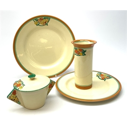 Clarice Cliff Bizarre by Wilkinson/Newport Pottery 'Stamford' two-handled bowl, dinner plate, dessert plate and cylindrical vase. (4).