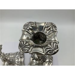 Pair of late Victorian silver mounted candlesticks, each of knopped and part fluted form, upon square stepped base with anthemions to each corner, with conforming sconces, hallmarked to removable sconces and foot, Thomas A Scott, Sheffield 1901, H25.2cm