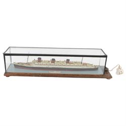 Scratch built model of RMS Queen Mary, in glazed wooden case, H17cm, L74cm