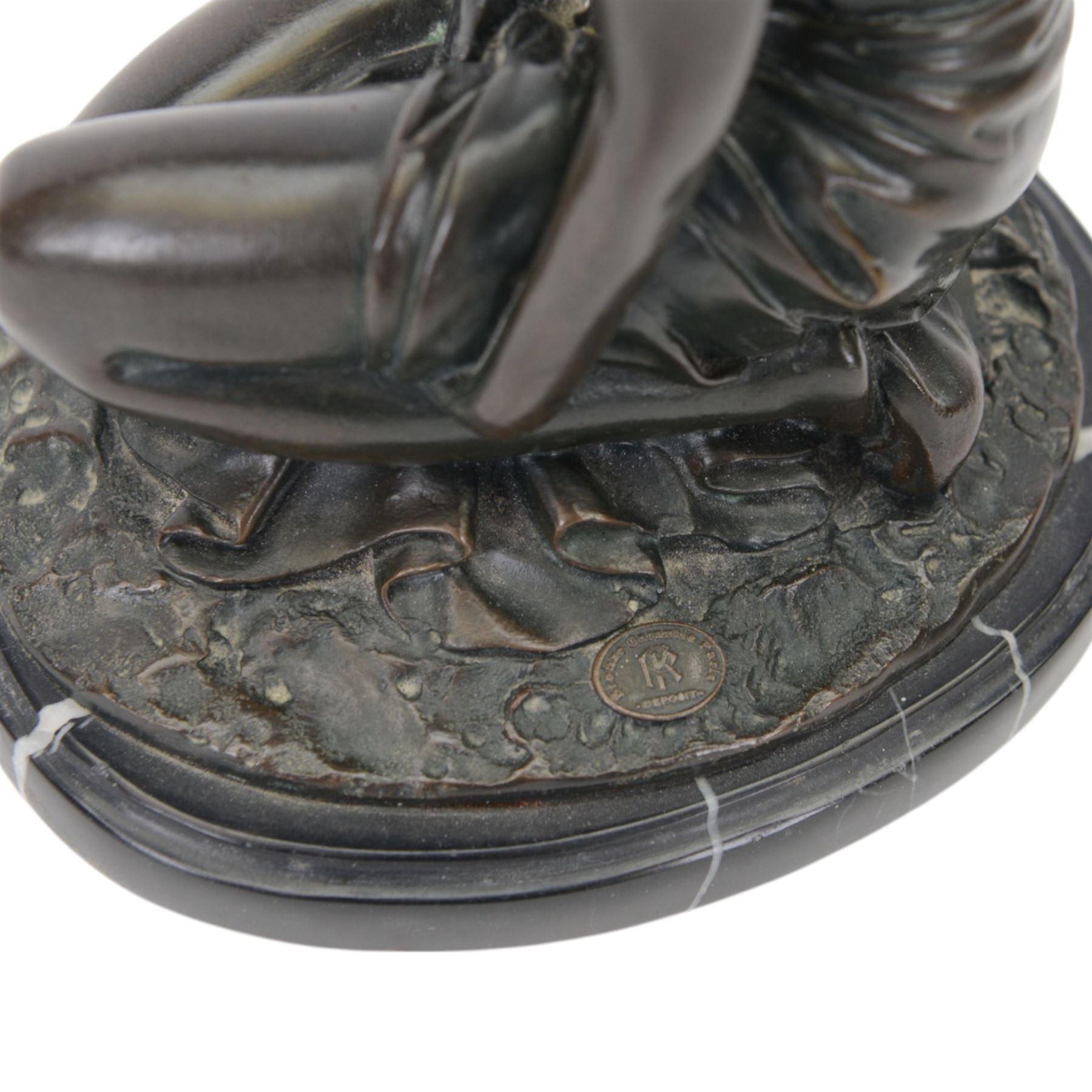 Art Deco style bronze study of a kneeling semi-nude female, after  Amadeo Gennarelli with signature to base, upon a black marble effect plinth, H23cm