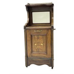 Edwardian inlaid rosewood  fall-front coal purdonium serpentine top with raised fretwork gallery, over bevelled mirror-back, the panelled fall-front door inlaid with foliate patterned ivorine and boxwood, on castors