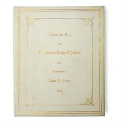  'Trust in God and A Summer Song of Praise' - Vellum bound volume containing fourteen pages of verse and prayers illuminated by Annie B Pratt 1860, all hand coloured, the boards lined in watered silk, red leather box binding with silver clasp hallmarked for London 1888 with makers mark of William Amaziah Ellwick 