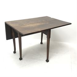 18th century mahogany side table, rectangular drop leaf top, on cabriole supports with pad feet, 113cm x 106cm, H73cm