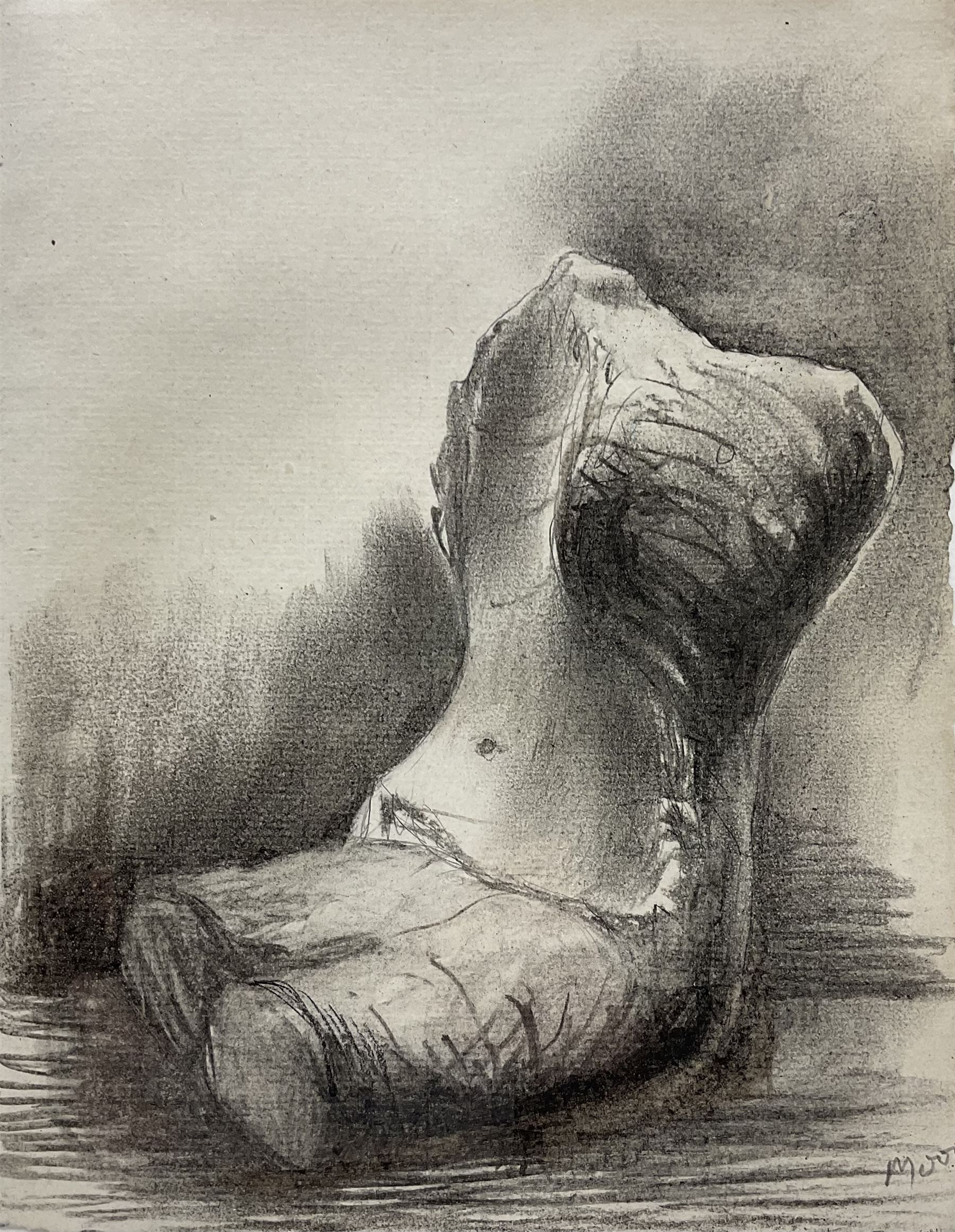 Henry Moore OM CH FBA (British 1898-1986): 'Seated Torso II', pencil ballpoint pen and charcoal signed 28cm x 22cm 
Provenance: with the Waddington Galleries, London; exh. Goodman Gallery, South Africa, 1st-22nd February 1986 
Literature: Ann Garrould (Ed.), Henry Moore, Complete Drawings Volume 4, Drawings 1950-76, Lund Humphries, London, 2003, HMF 75(84), p.315 
Notes: This drawing is page number 15 from the Parchment Notebook, 1975, previously known as Notebook 1. This notebook 'was originally bound in a parchment cover bearing the dedication Mary and a listing of Renaissance artists, some with dates. There is no record of the number of pages; those drawn were signed in 1984 and the notebook was taken apart in 1985'.