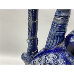 German stoneware blue glazed vase of flattened form with twin handles, H49cm (a/f)