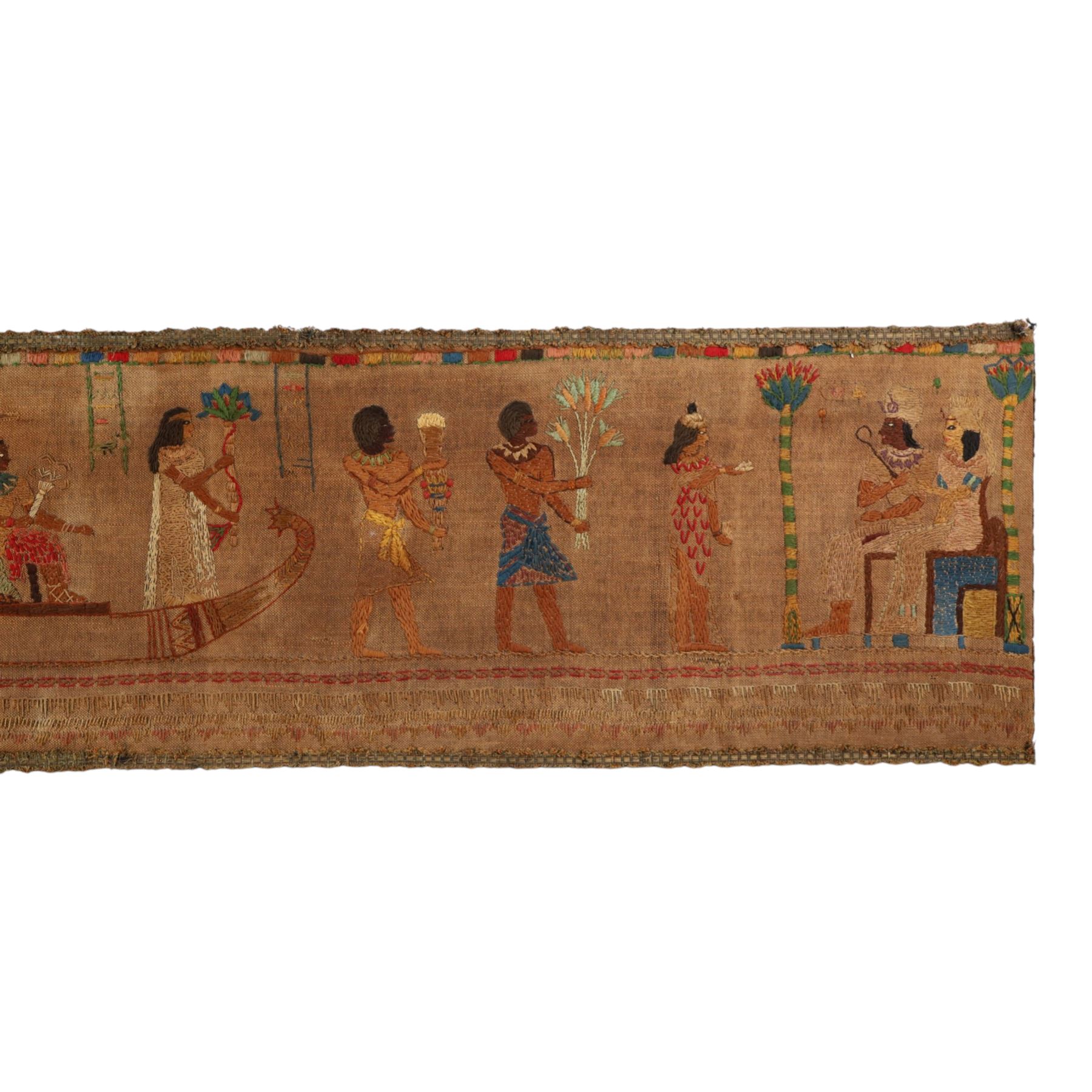 Egyptian revival tapestry, likely depicting scenes from Book of the Dead or similar text  of various figures in traditional attire, L160cm, H36cm 