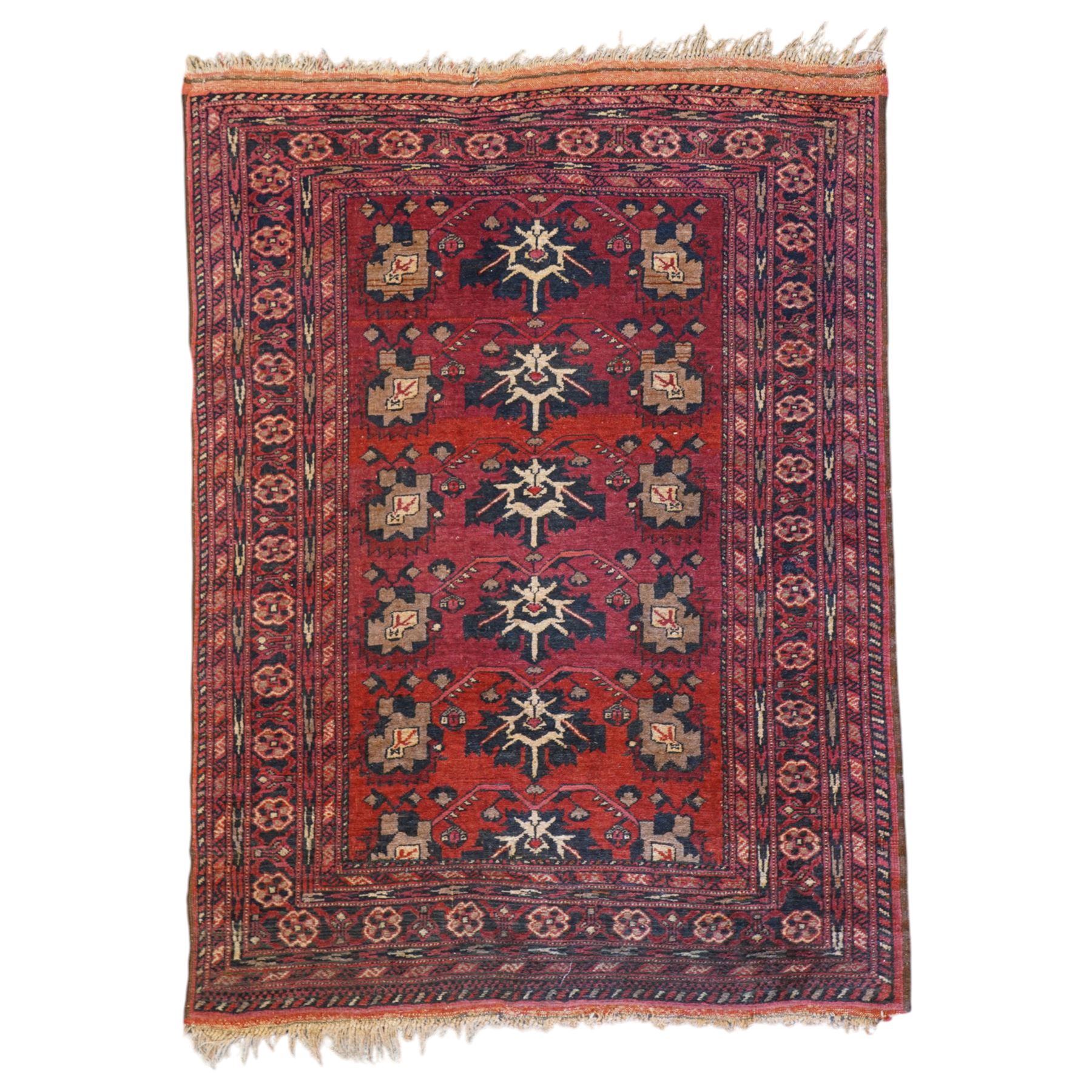 Afghan red ground rug, the field decorated with stylised plant motifs, within multiple borders (137cm x 105cm); together with a Caucasian red ground rug decorated with three Gul motifs (123cm x 85cm)