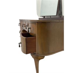 Mid-20th century kidney shaped mahogany dressing table, raised triple mirror back, fitted with four drawers, on cabriole supports