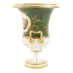 19th Century twin handled campana vase, probably Coalport, hand painted with a river scene upon a green ground with gilt detail, H27cm