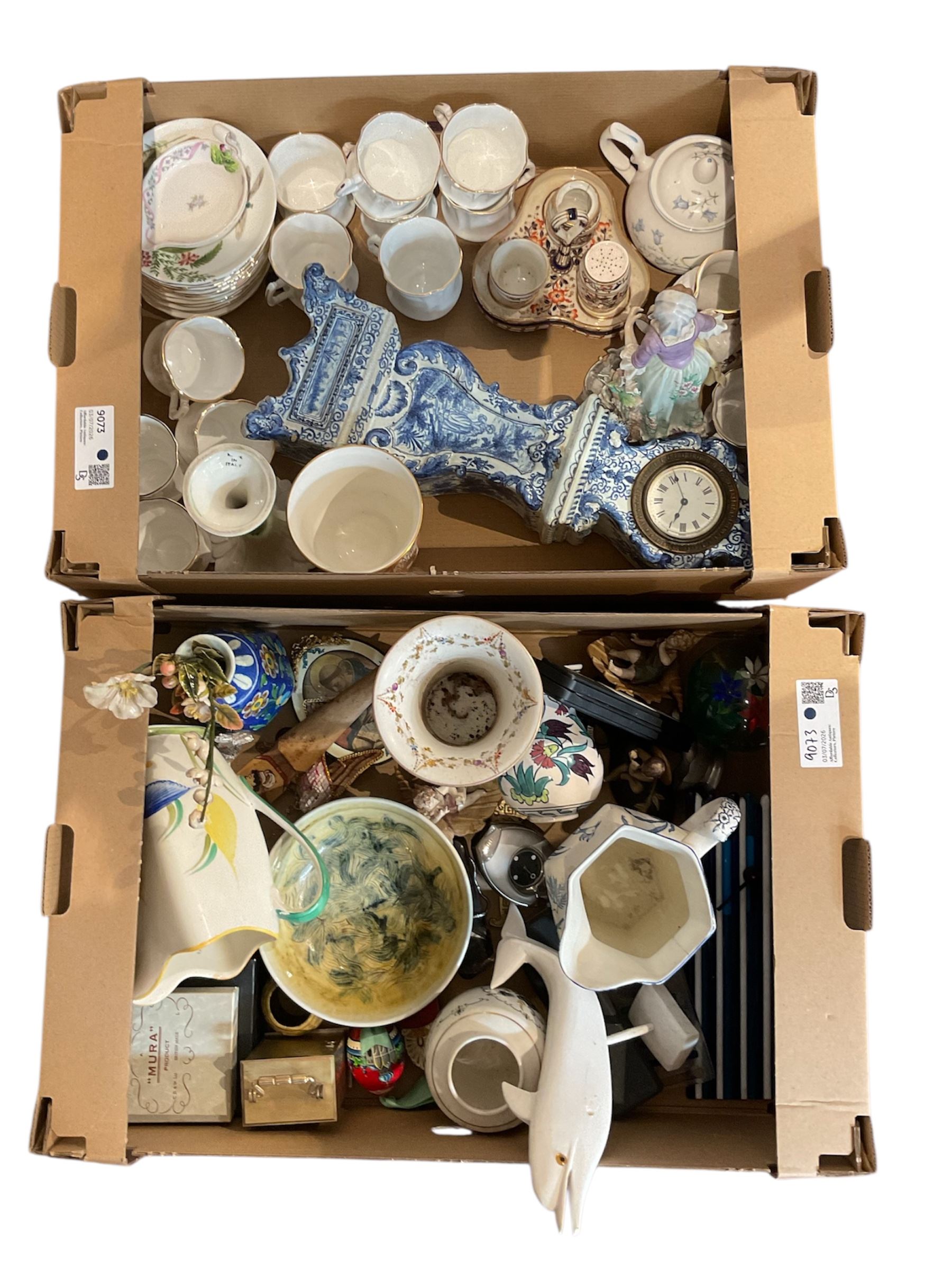 Mixed ceramics, to include a Susie Cooper jug, studio pottery dish, Delft clock, Coalport Mulberry Hall pot and reproduction mascaron jug, contents in two boxes