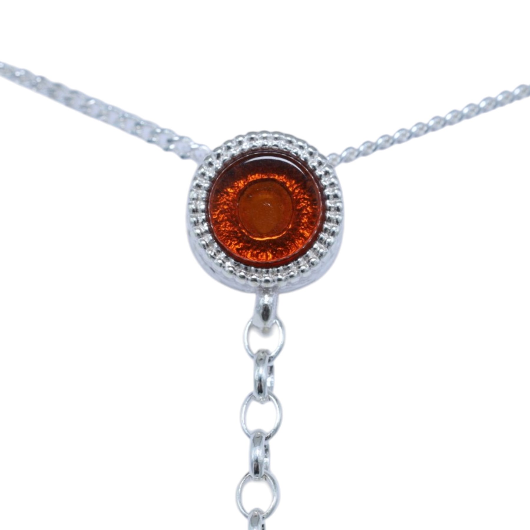 Silver amber pendant necklace, boxed