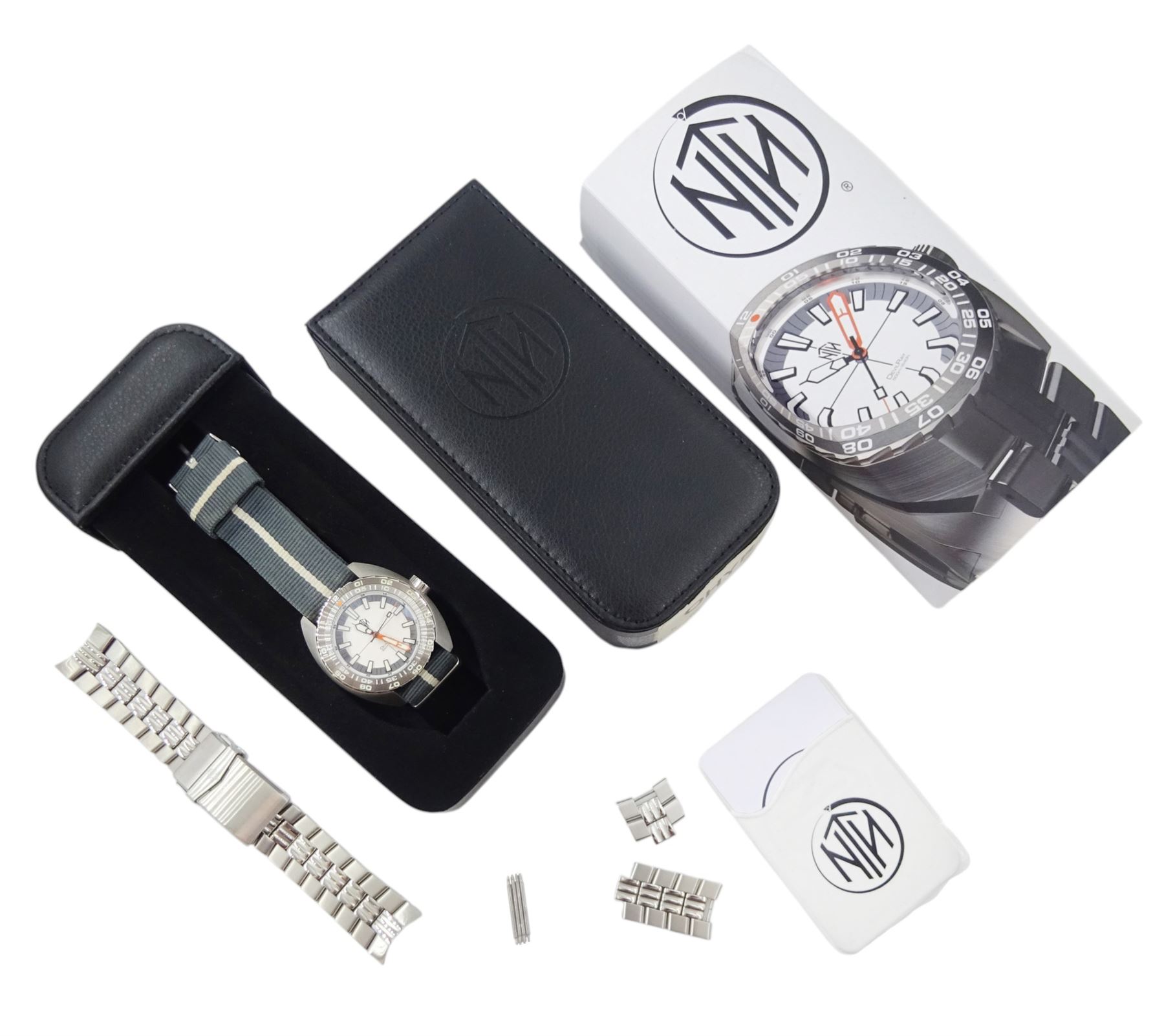 NTH DevilRay gentleman's automatic wristwatch, white and grey dial with luminous baton hour markers and unidirectional rotating bezel, on fabric strap, boxed with additional stainless steel strap 