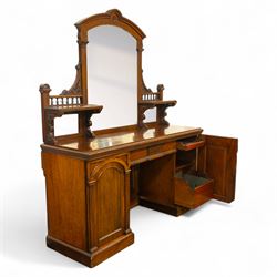Late 19th century mahogany twin pedestal mirror back chiffonier, stamped James Winter of London, the arched mirrored back flanked by turned gallery shelves above a rectangular top, the base fitted with a pair of arched panelled cupboard doors, on a plinth base