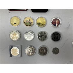 Coins including United States of America 1885 Morgan dollar, Queen Elizabeth II Bailiwick of Guernsey 20012 and 2013 five pound coins, Isle of Man Paddington Bear 2008 one crown, various other commemorative coins etc