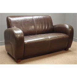  Two seat sofa upholstered in brown leather, W145cm, D87cm  