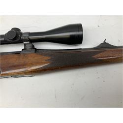 30-06 Steyr-Mannlicher Model M bolt-action rifle, the 61cm hammer forged barrel with side safety, double set trigger and lift-out rotary magazine, walnut stock with chequered pistol grip and fore-end and additional soft leather cheek piece, Pecar Berlin Champion 8 x 45 telescopic sight with quick release mounts, serial no.204791 L111cm FIREARMS CERTIFICATE REQUIRED OR RFD