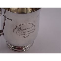 Modern silver tankard, of plain baluster form, with C scroll handle and personal engraving to body, upon stepped circular foot, hallmarked James Dixon & Sons Ltd, Sheffield 1975, H13.3cm, boxed 