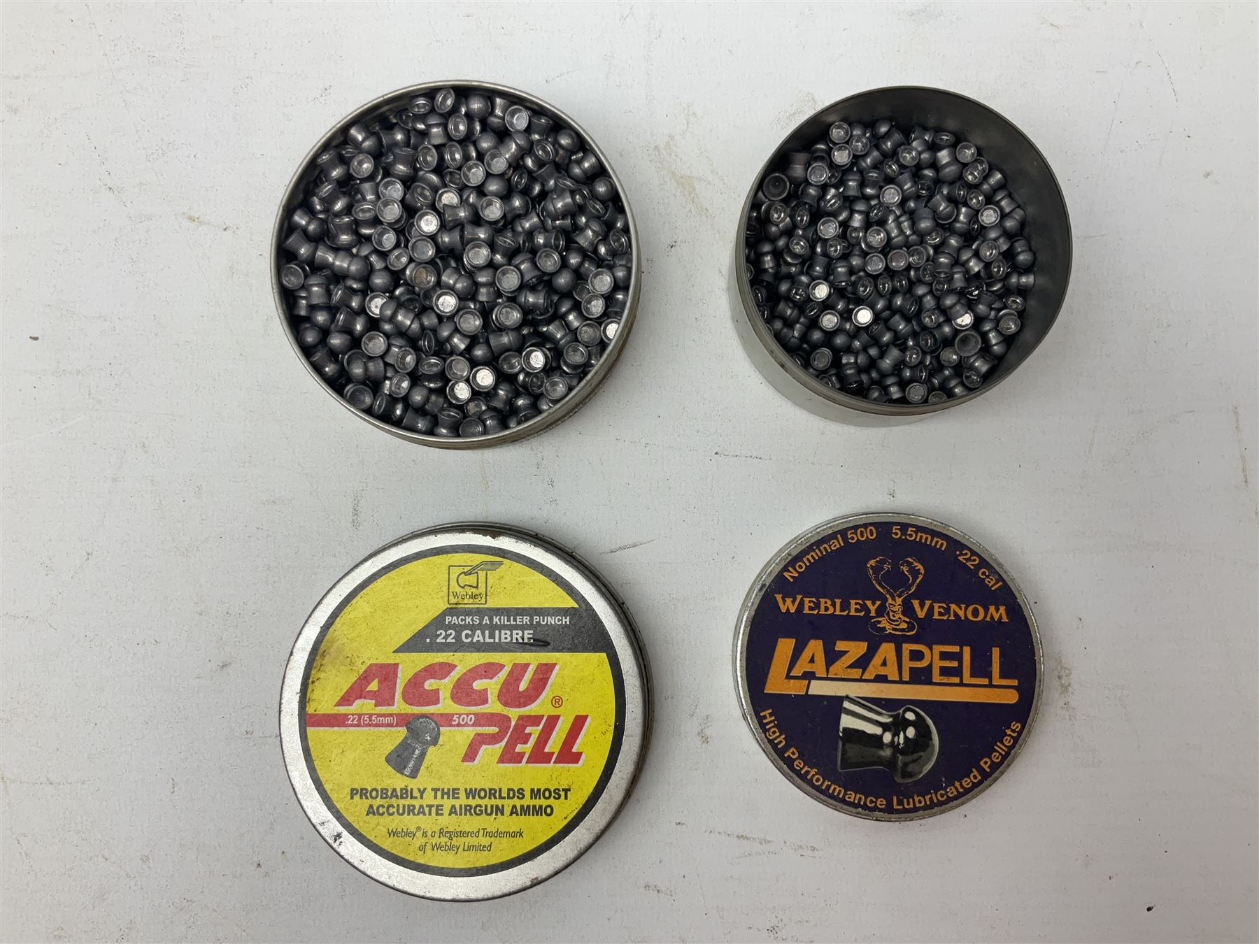 Webley Premier .22 air pistol with over lever action No.902 L24cm; and quantity of .22 pellets in two tins