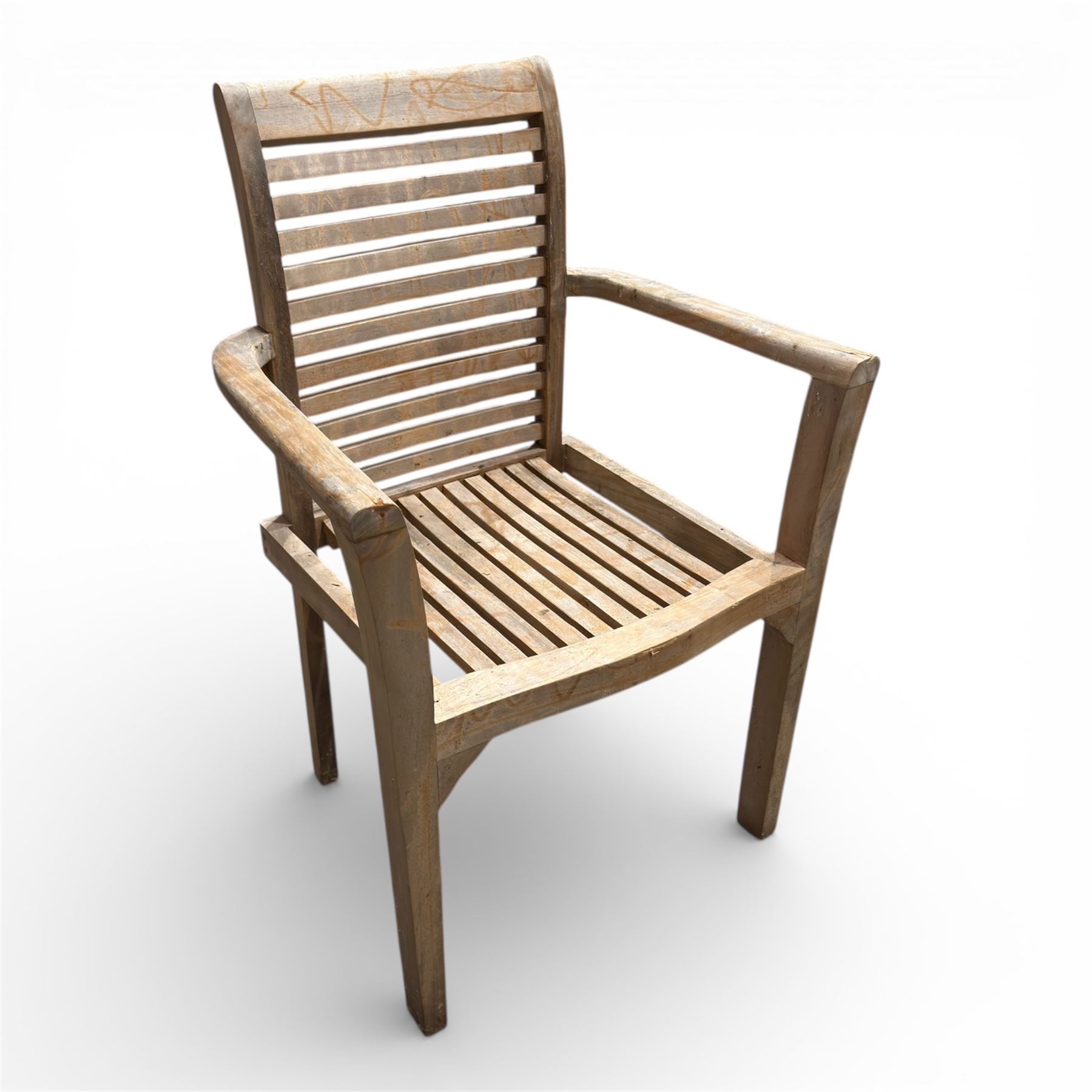 Set of four teak high back slatted garden chairs