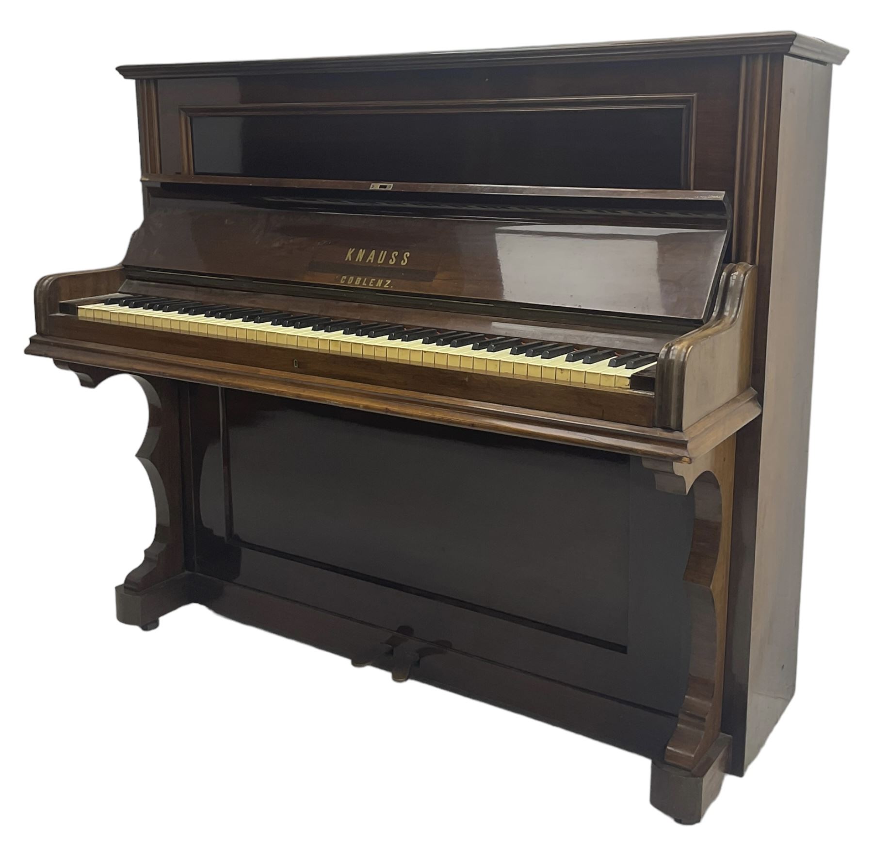 Knauss Coblenz - early 20th century rosewood cased upright piano, straight strung iron movement, simulated ivory keys