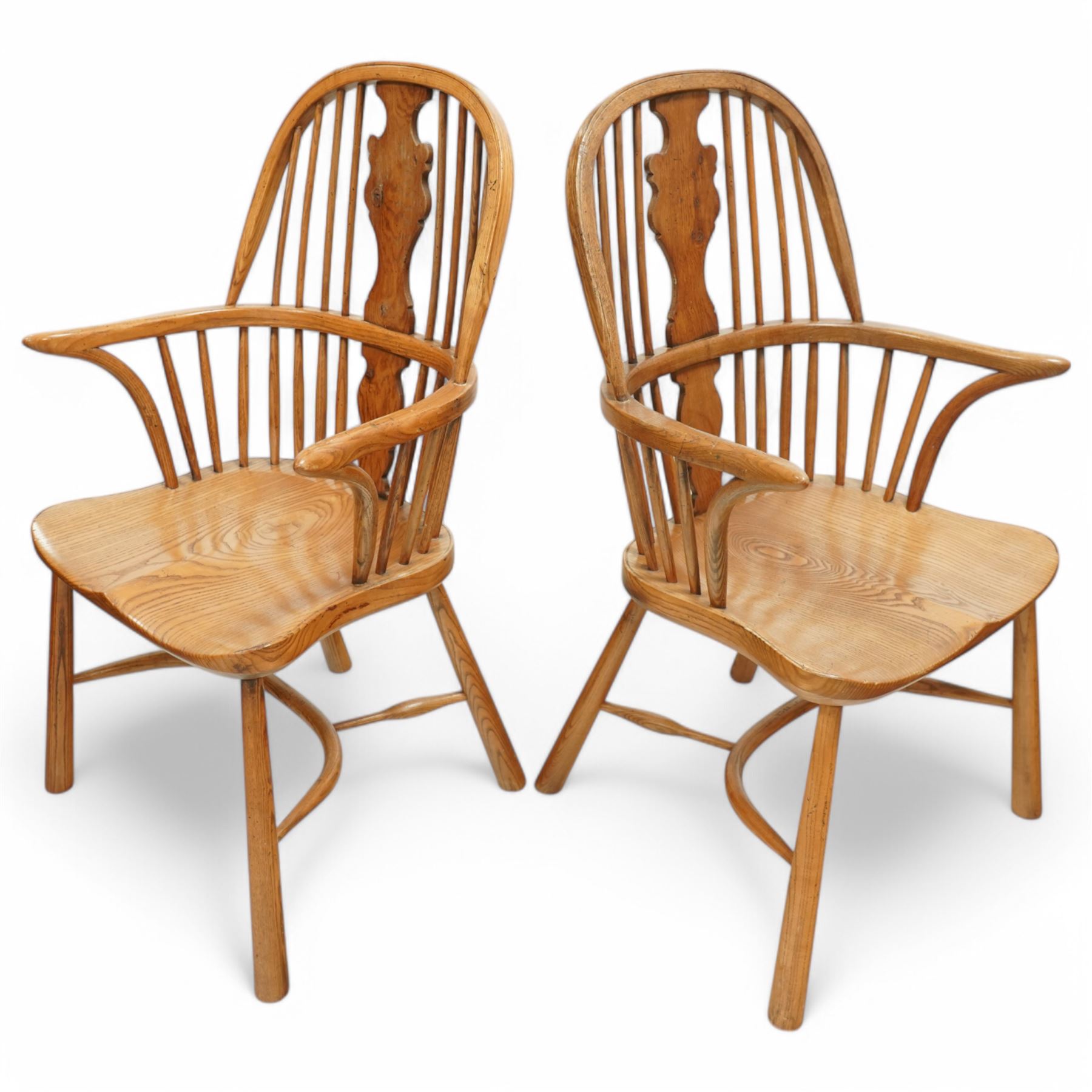 Batheaston Bespoke Furniture, Harrogate - pair of figured oak and ash Windsor armchairs, double hoop and stick back with shaped splats, dished seat on turned supports united by crinoline stretcher
